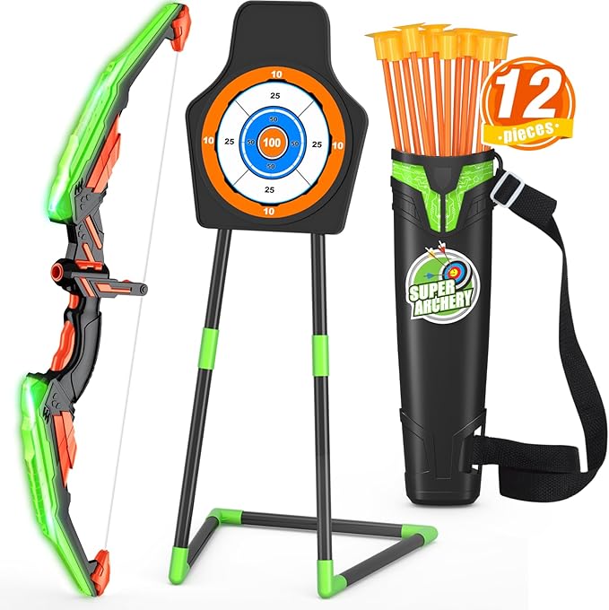 Bow and Arrow for Kids, LED Light Up Archery Set with 12 Suction Cup Arrows, 1 Standing Target, 3 Score Targets & 1 Quiver, Indoor Outdoor Sport Gifts for Boys Girls Ages 4-12, Green