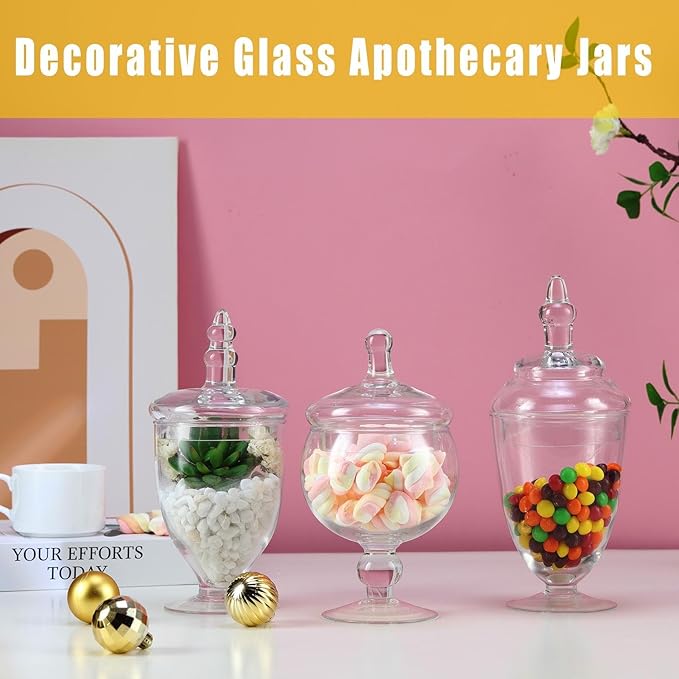 Apothecary Jars Glass Decorative Candy Jars, Buffet Display, Elegant Storage Jar, Decorative Wedding Candy Organizer Canisters 3 Pack