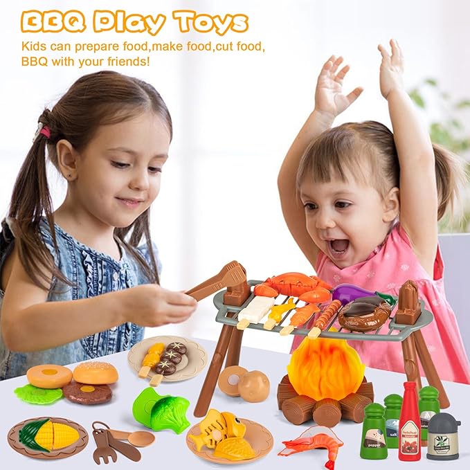 80PCS Kids Camping Toys Set with Play Tent Campfire Toys,Toy BBQ Grill Set,Pretend Cutting Play Food Set for Kid Kitchen, Indoor Outdoor Toys Pretend Playset for Toddler,Gifts for Boys Girls