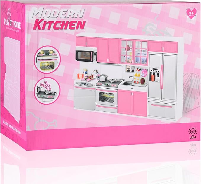 Doll Kitchen Playset for Kids, My Modern Mini Kitchen House Furniture Pretend Play Toy Accessories Set with Realistic Lights & Sounds for Toddlers, Girls (4-in-1)