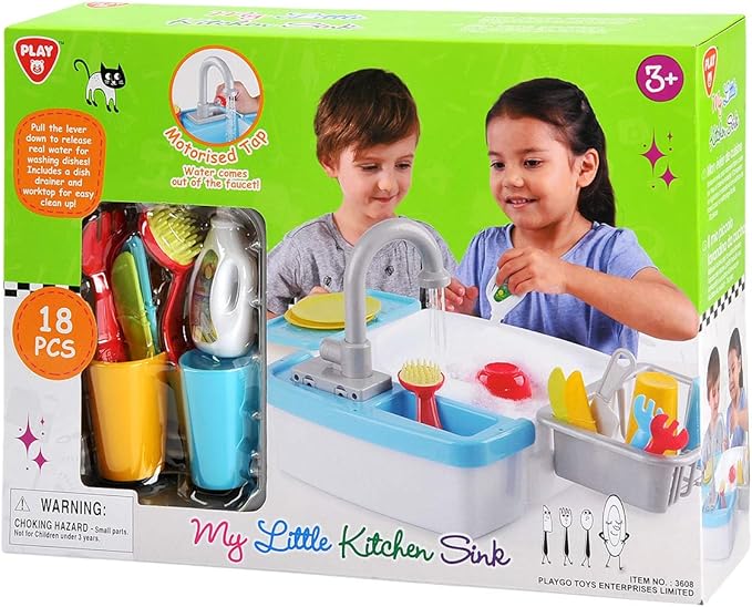 Play My Little Kitchen Sink Toys - Toddler Kitchen Role Dishwasher Toys with Running Water Cycle System - Utensils Tableware Accessories for Kids - 18 Piece Pretend Toy for Boys & Girls