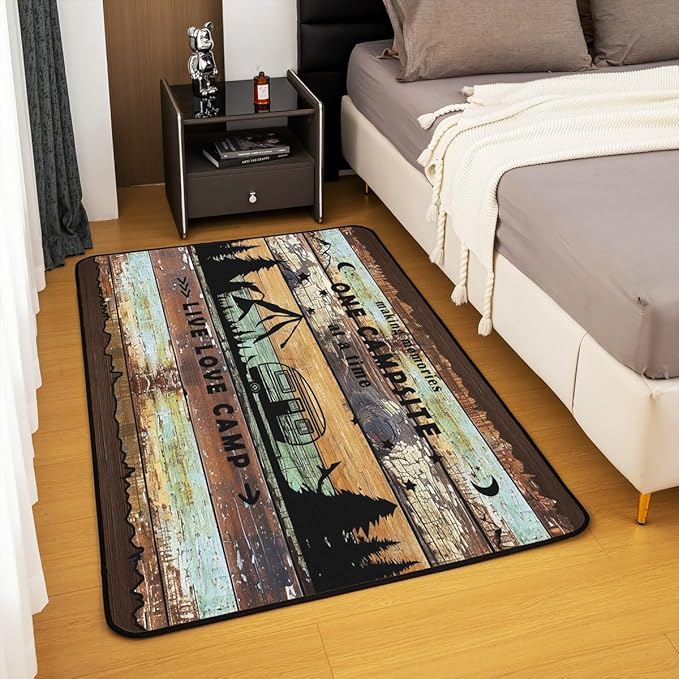 Erosebridal Happy Camping Area Rug 5x7 RV Campsite Rug for Camper Retro Wooden Board Farmhouse Mountain Carpet Brown Blue Old Barn Adventure Room Non Slip Indoor Floor Mat