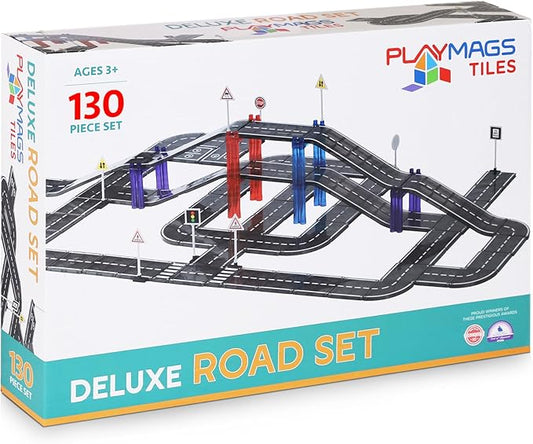 Playmags Magnetic Tiles Road Set for Kids - 130-Pieces Magnet Building Blocks Toy - Durable Creative STEM Learning Toys with Curved & Straight Car Race Track for Kids Ages 3+