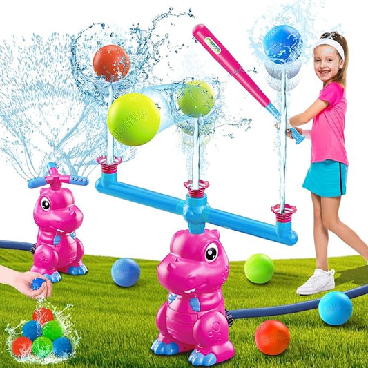 4-in-1 Dinosaur Water Sprinkler Baseball Toys, 360° Roating Spray Water Play Game, Water Splashing Toy for Kids Outdoor, Summer Backyard Lawn Pool Party Fun for Boys Girls (Pink)