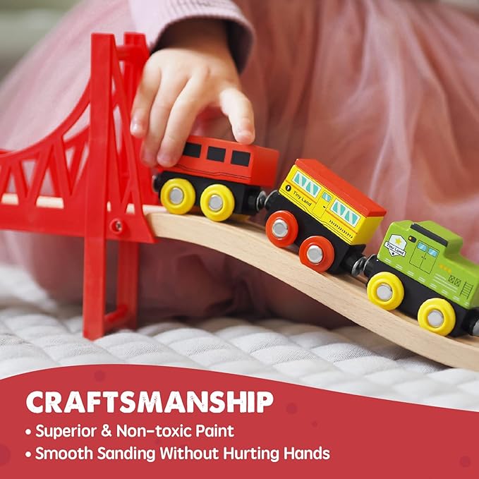Tiny Land Train Set 110pcs Wooden Train Set, Toy Train Set with Tracks & Accessories, Montessori Toys for Boys & Girls Ages 3-7, Birthday Gift Railway Set for Toddlers & Kids