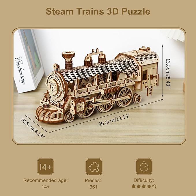 3D Wooden Puzzle for Adults, Mechanical Steam Trains Puzzle, DIY Vehicle Model Building Kit Handicraft Wood Craft Hobbies Toy, Birthday for Hobbyist 14+ Family Women Men, 361 Pcs