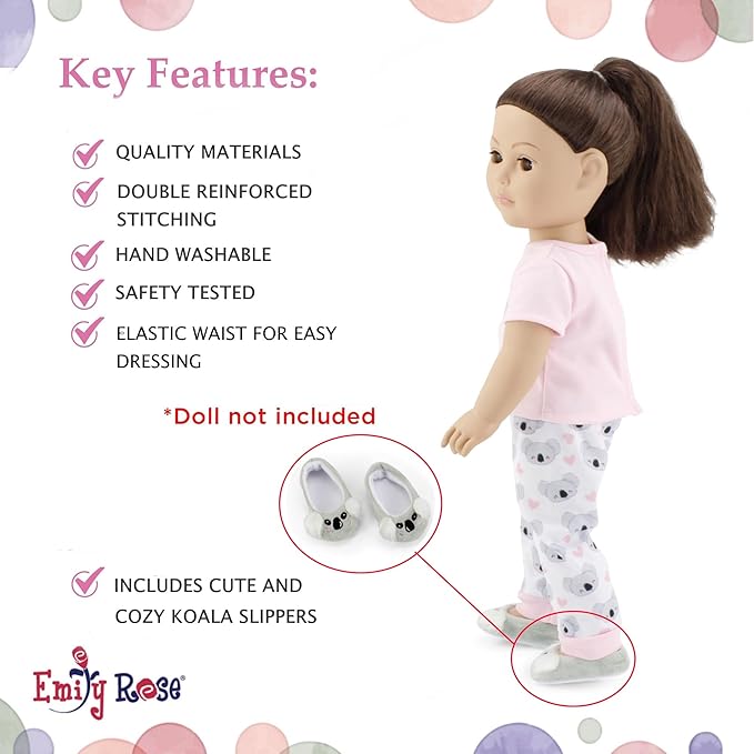 Emily Rose 18-Inch Doll Clothes 5-PC PJ Pajamas Sleepover Outfit & Accessories Set | 18" Doll Pajama Sleep Outfit with Slippers - Includes Pet Koala Toy and Pillow - Ideal Gift Set for Little Girls