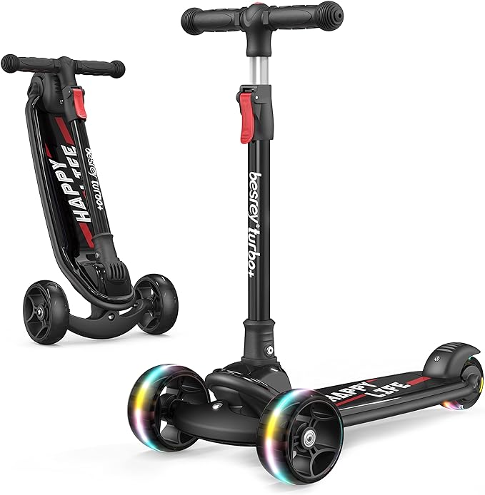 Besrey Kick Scooter for Kids Ages 3-10, 3-Wheel Folding Scooter with Adjustable Height, LED Light Wheels, Extra Wide Deck for Outdoor Activities
