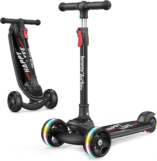 Besrey Kick Scooter for Kids Ages 3-10, 3-Wheel Folding Scooter with Adjustable Height, LED Light Wheels, Extra Wide Deck for Outdoor Activities