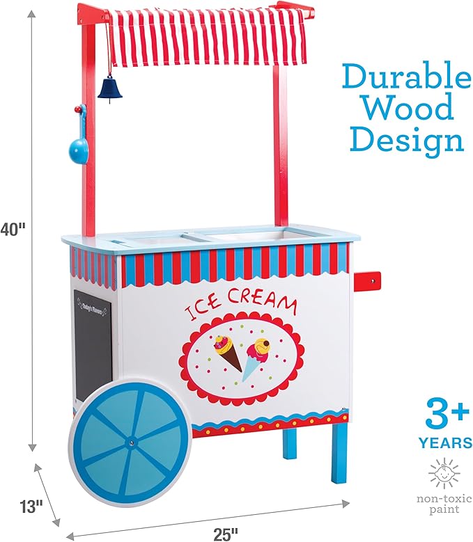 Ice Cream Cart Kids Pretend Play Stand- 33+ Pc Accessories, Realistic Premium Wooden Toy Activity Set, Money Box Chalkboard & Icecream Truck- Popsicles Cones Unique Flavors- Girls Boys Role Play Gift