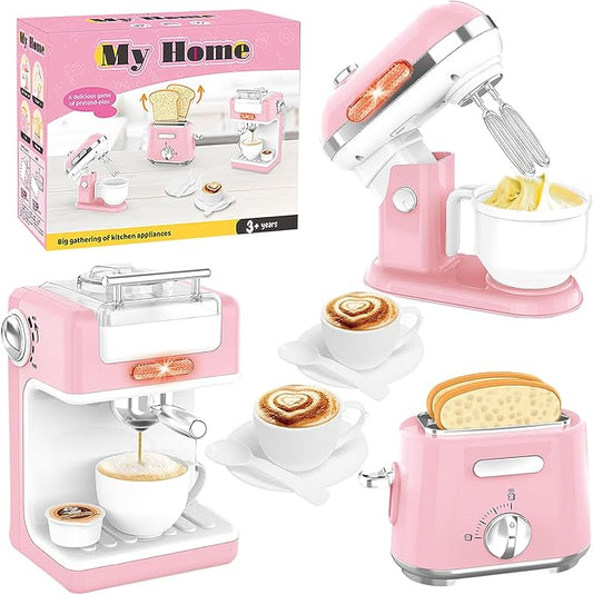 Play Kitchen Toys Kids Accessories Pretend Play Appliances Toy Set with Coffee Maker, Mixer, Toaster for Kids Toddler Kitchen Playset Ages 4-8 Girls (Pink)