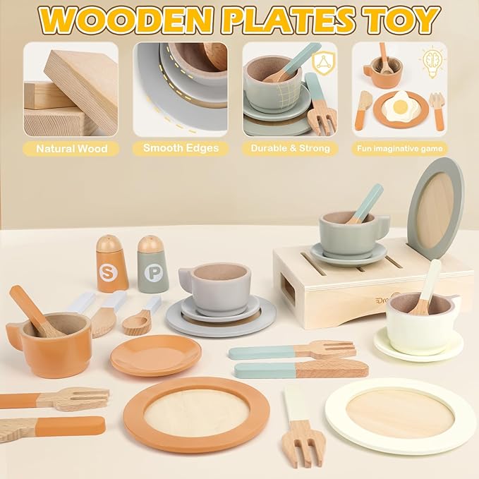 Wooden Play Dishes and Plates for Kids Kitchen Set, 27 PCS Wooden Play Kitchen Accessories, Kitchen Toy for Toddlers Boys Girls 3 4 5 6