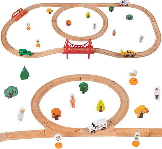 Wooden Train Set for Kids Ages 4-8, Wood Train Track with Magnetic Toy Train Accessories for Toddlers 3-5 Year Old Boy & Girl, Railway Set Road Sign Fit Major Brand Christmas Toy (40 Pieces)