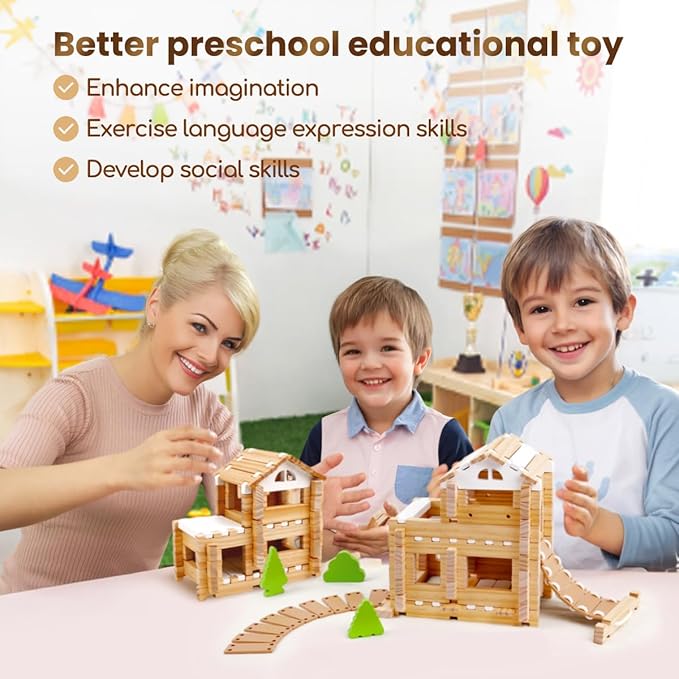 Jovi-mindly&Notchies 96 PCS Wooden Blocks Wooden Toys with Storage Bag, Preschool Learning Toys Wood Blocks Building for Kids Ages 4-8 Creative Construction Game,FSC Certified,Graduate Gifts