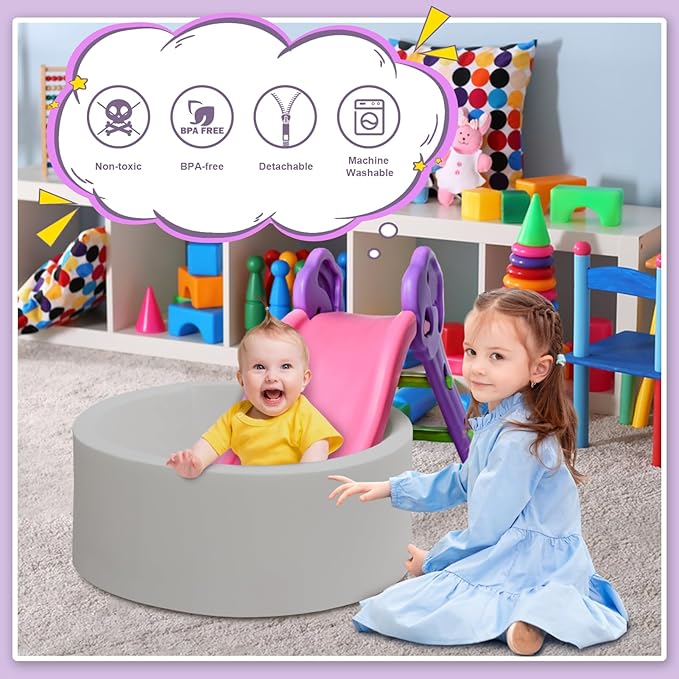 Baby Ball Pit 27.6" Soft Round Memory Foam Ball Pits NOT Included Balls Indoor Outdoor Playpen for Babies Toddlers Kids Great Gift for Girls Boys, Gray