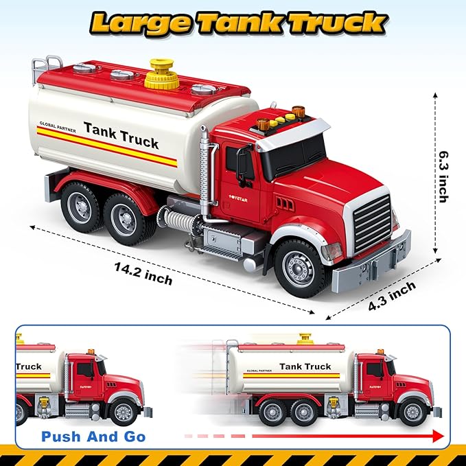 Kids Toys for 3 4 5 6 7 8 Years Old Boys, Large Tanker Truck Toy with Lights, Sounds, Water Pump, Red Toddler Friction Powered Oil Truck Vehicle Toy for Boys Girls Christmas Birthday Gifts