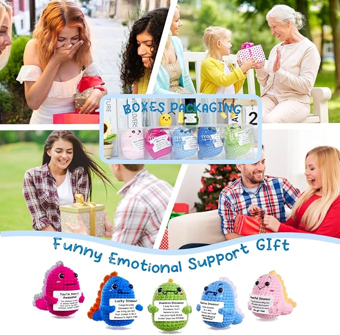 Funny Easter Basket Stuffers Positive Crochet Stuffed Animals Dinosaur, Stress Relief Gifts for College Student Graduation Boyfriend Husband Women Birthday Desk Decor (Dinosaur Set)