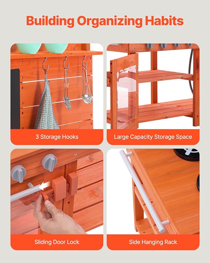 VEVOR Mud Kitchen for Kids, Wooden Toy Play Kitchen Set, Outdoor Toddler Grocery Store Playset for Boys & Girls, Pretend Play Kitchen with Stoves, Sink, Faucet, Blackboard, Cookware Pots, Accessories