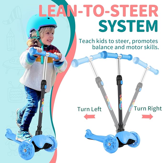 BELEEV A1 Scooter for Kids Ages 2-6, 3 Wheel Kick Scooter for Toddlers Girls Boys, Light up Wheels, Adjustable Height, Lean to Steer, Non-Slip Deck, Lightweight Push Scooter for Children