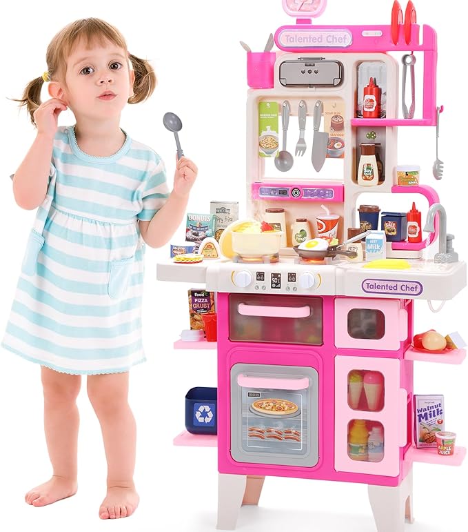 CUTE STONE Kids Kitchen Playset, Play Kitchen Set with Sound & Light, Cooking Stove with Steam, Toy Sink,Play Food Toy and Kitchen Accessories for Pretend Play, Kitchen Toy Set for Toddler Girls, Pink