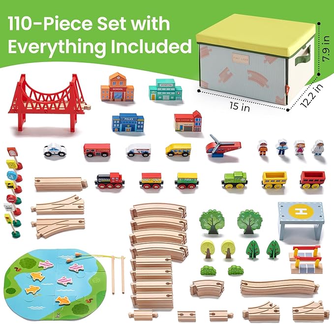 Tiny Land 110pcs Wooden Train Set with Folding Storage Box, Wooden Train Track Toy for Boys & Girls, Age 3-7, Includes Convenient Storage