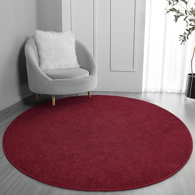 FlyDOIT Round Area Rugs for Bedroom Living Room, 6x6 Rose Red Super Soft Comfy Thickened Memory-Foam Indoor Circle Carpets, Modern Aesthetic Minimalist Carpet for Boys Girls Adults Nursery Home Décor