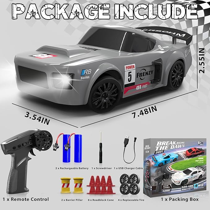 RC Drift Car, 1/24 Remote Control Car, 2.4Ghz 17KM/H High Speed RC Cars with LED Lights, Extra Tires, 2 Rechargeable Batteries, 4WD Racing Car Toys Christmas Birthday Gift for Kids Boys Girls Adults
