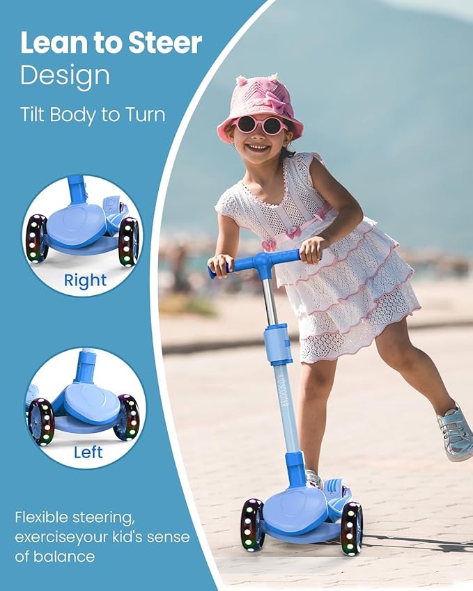 2-in-1 Adjustable Kick Scooter for Kids 3-5 (Suitable 3-12 Years),5-Level Handlebar & Removable Seat, LED Light-Up Wheels, Wide Deck, Foldable Design for Indoor/Outdoor Use - Girls & Boys