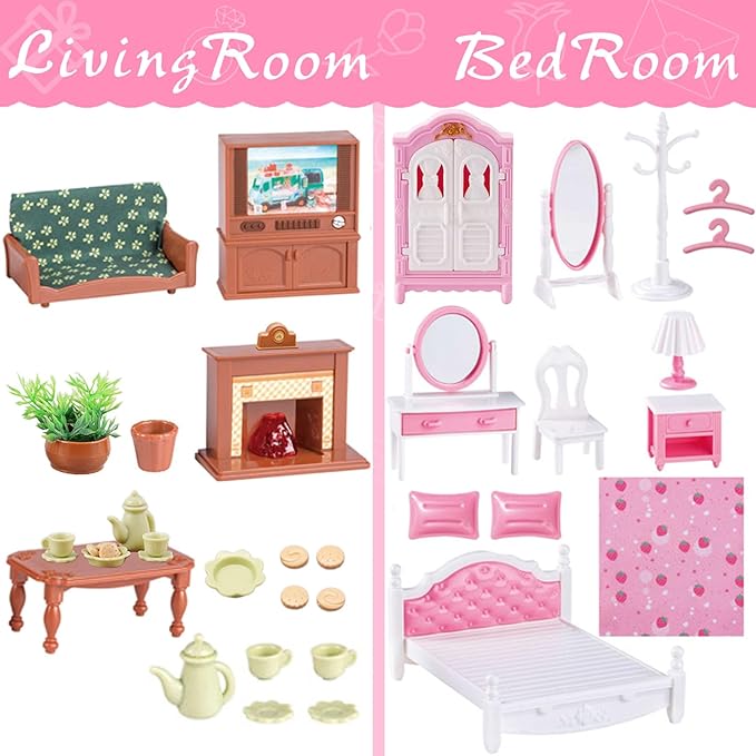 74 Pcs Dollhouse Furniture Mini Doll House Furniture Accessories Set Miniature 1 12 Scale Furniture Small Play House Toy Kids Toddler Boy Girl Tiny House Kitchen Bedroom Bathroom Living Room