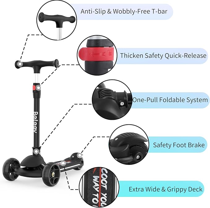 BELEEV A9 Kids Scooter with LED Light-Up Wheels & Deck, 3 Wheel Folding Scooter for Toddlers Girls Boys Ages 3-12, Adjustable Handlebar, Lean to Steer, Extra-Wide Wheels, Kick Scooter for Children