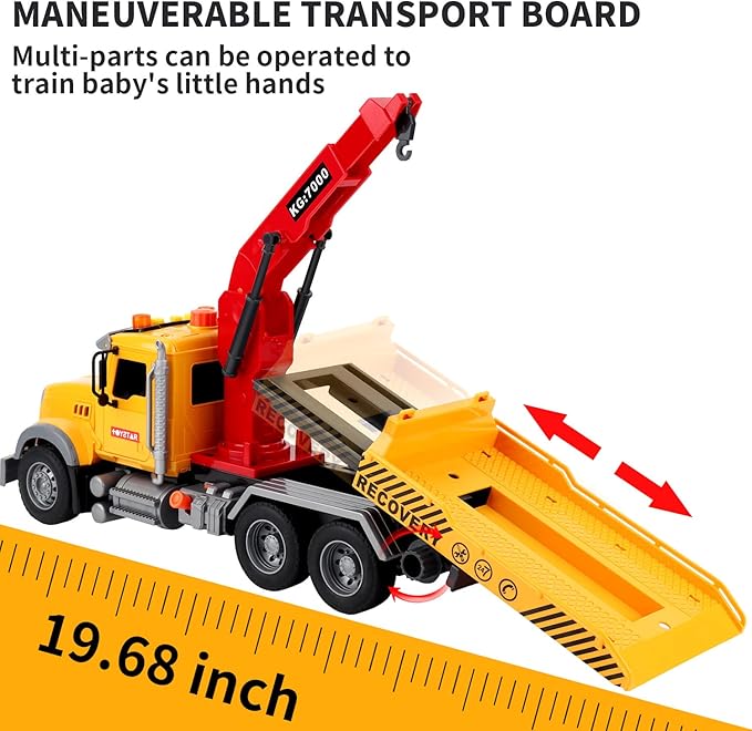 Dwi Dowellin Kids Toys for 3 4 5 6 7 Years Old Boys, 15" Large Tow Truck Toy,Friction Powered Transport Truck Crane Toy with Lights and Sounds,with Roadster,Toddlers Gifts