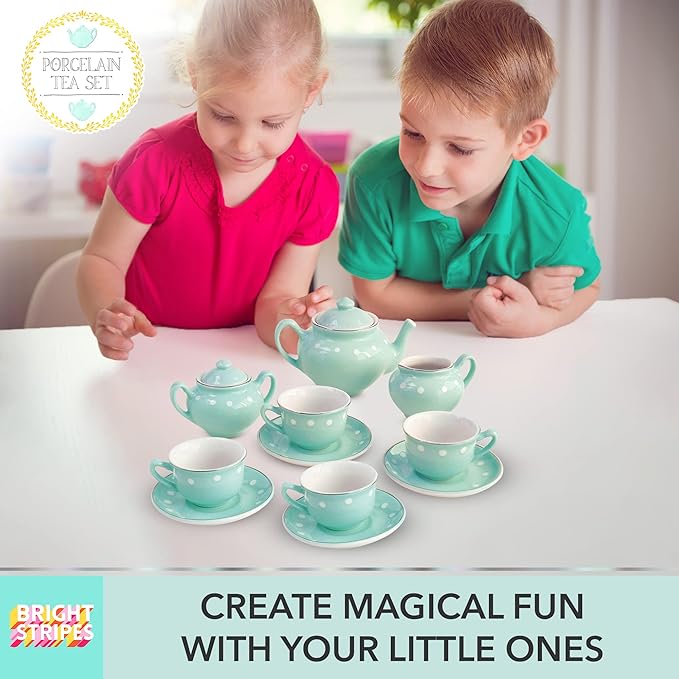 Bright Stripes Porcelain Tea Set for Kids - Premium Quality Pretend Play - 4 Cups, Saucers, Pot, Sugar, Creamer - Ideal for Girls