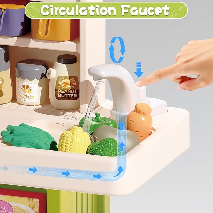 Kids Kitchen Playset Set, 63PCS Pretend Play Kitchen Toys for Toddlers, Cooking Stove with Steam Sound Light, Play Sink with Manual Faucet, Play Food Accessories Gift for Boys, 33’’H Green