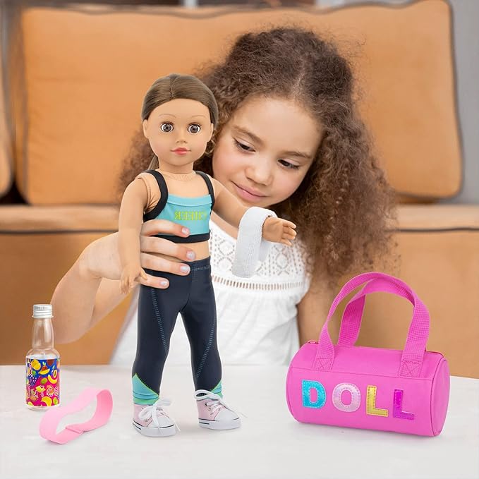 Ecore Fun 8 Piece 18 Inch Girl Doll Clothes and Accessories Set Include Yoga Sport Clothes Shoes Yoga Bands Towel Drink and Bag