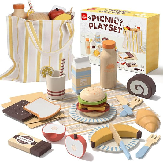 Lehoo Castle Play Food Sets for Kids Kitchen, Wooden Toys Food for Toddlers 1-3, Pretend Picnic Play Set, Cutting Food Toys, Gift for Girls Boys 3 4 5 6