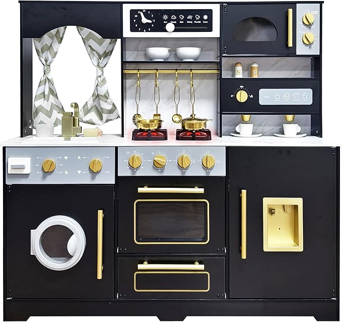 Wooden Play Kitchen with Ice Maker, Water Dispenser and Coffee Maker;Large Toddler Kitchen Playset with Washing Machine,Sink and Stove;Premium Gifts for 3+Years Boys Grils Kids