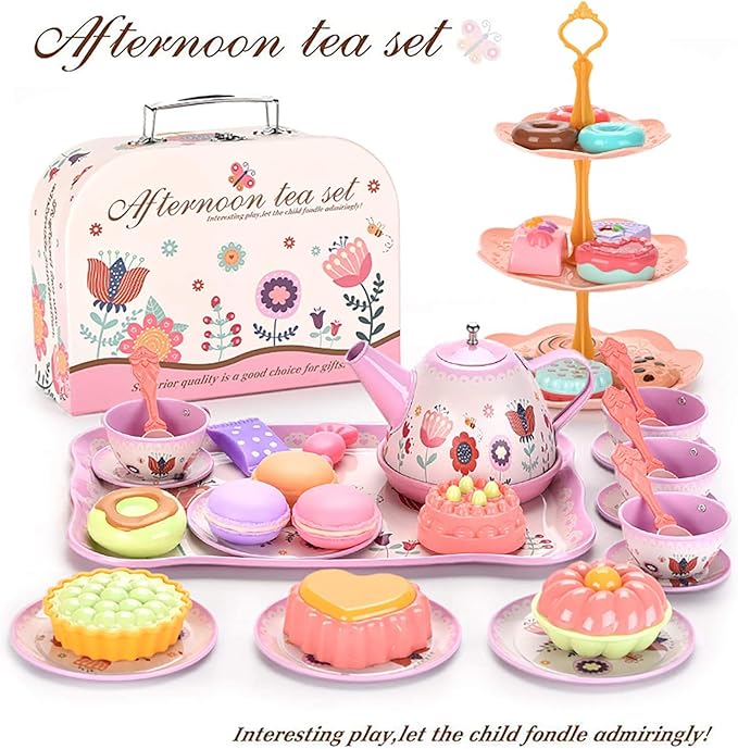 Tea Set for Little Girls, Birthday Gift for Age 3 4 5 6 Year Old, Toddler Toys Tea Party Set for Little Girls, Princess Kids Kitchen Pretend Toy with Tin Tea Set, Desserts & Carrying Case