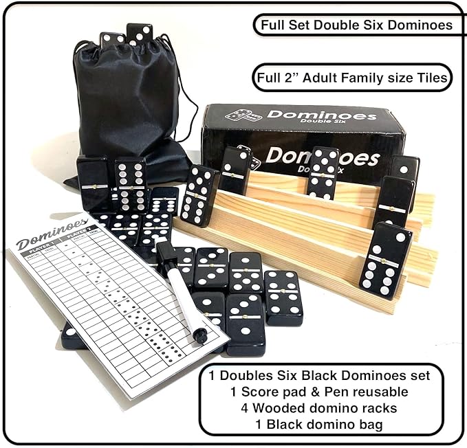 Double Six Dominoes Large Size Full Set Comes with Score pad & Pen 4 pcs Wooden Domino Racks and Black Dominos Bag Adults Kids Seniors Black Color (01)