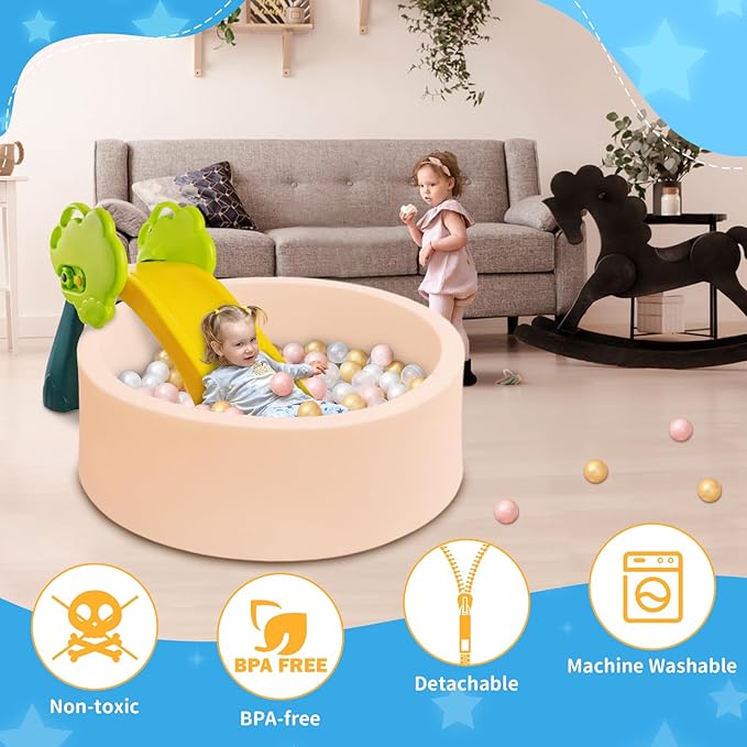 Baby Ball Pit 35.4" Soft Round Memory Foam Ball Pits NOT Included Balls Indoor Outdoor Playpen for Babies Toddlers Kids Great Gift for Girls Boys, Beige