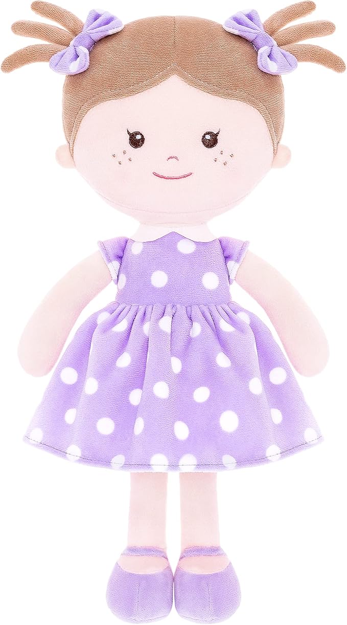 Onetoo Plush Rag Doll First Baby Doll Soft Baby Doll Sleeping Cuddle Buddy Doll for Girls Wear Purple Polka Dot Dress 14"(Milly Series)