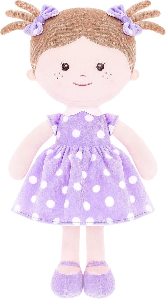 Onetoo Plush Rag Doll First Baby Doll Soft Baby Doll Sleeping Cuddle Buddy Doll for Girls Wear Purple Polka Dot Dress 14"(Milly Series)