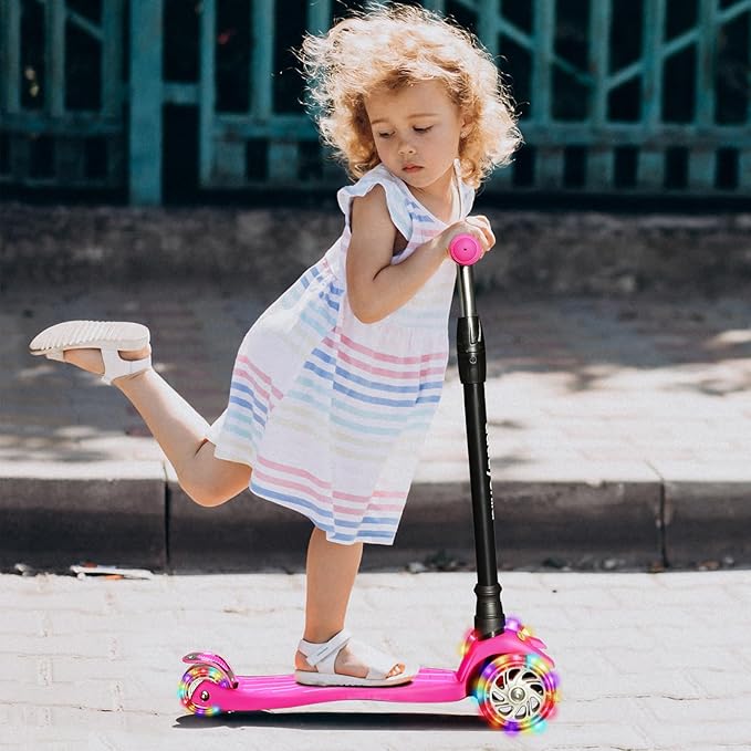 Scooters for Kids 3 Wheel Kick Scooter for Toddlers Girls & Boys, 4 Adjustable Height, Lean to Steer, Extra-Wide Deck, Light Up Wheels for Children from 3 to 14 Years Old