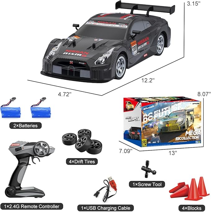Dollox RC Drift Car 1/16 Scale Remote Control Car 2.4GHz 4WD 30+KM/H High Speed Vehicle with LED Lights, Extra Drifting Tires Racing Black Vehicle Toys Birthday Gifts (191AB) (Black&Red)