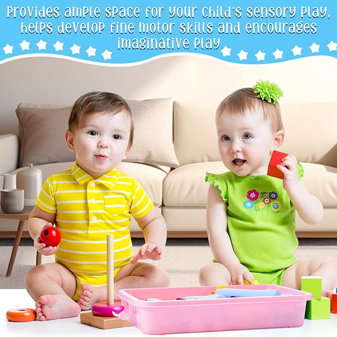 2 Pcs Sensory Bin Sand Tray with Lid for Plastic Sandbox Toy Fill with Water, Sand, Beads and More, for Indoor Outdoor Activities Play(Pink, Blue)