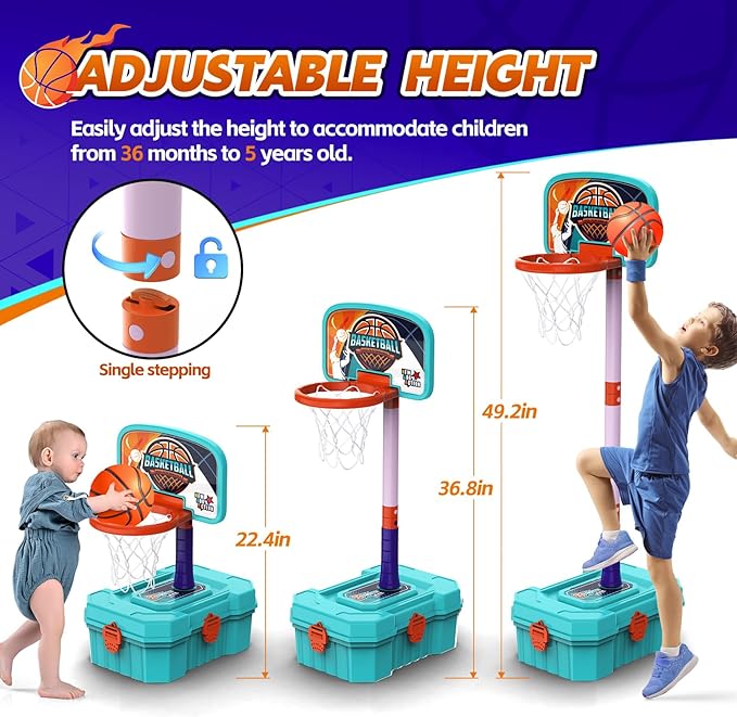 Kids Basketball Hoop and T-Ball Set for Kids 3-5, 3 Adjustable Toddler Basketball Hoop Indoor Outdoor Kids Toys Birthday Gift for Boys Girls