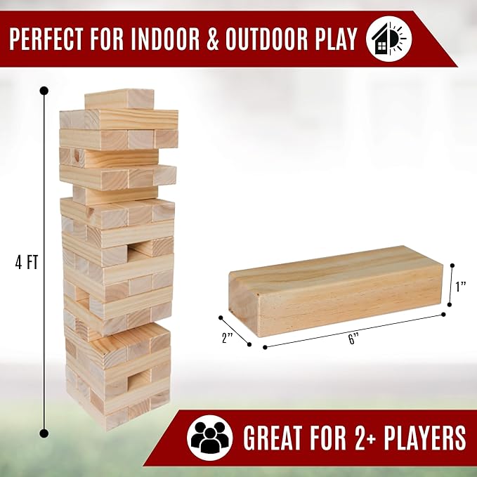 Giant Timber Tower, Outdoor Games Combo, 45 Giant Tumbling Blocks, 28 Giant Dominoes, and 6 Giant Dice, Classic Block Giant Outdoor Game for All Age Groups (Timber Tower)