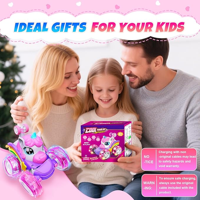 Unicorn Remote Control Car Toys for Girl - 360° Rotating Pink RC Stunt Cars 4WD Remote Cars for Kids, 2.4GHz Toy Car USB Direct Charging with LED Lights, Birthday Gift for 3 4 5 6 7 8 9 Year Old Girl