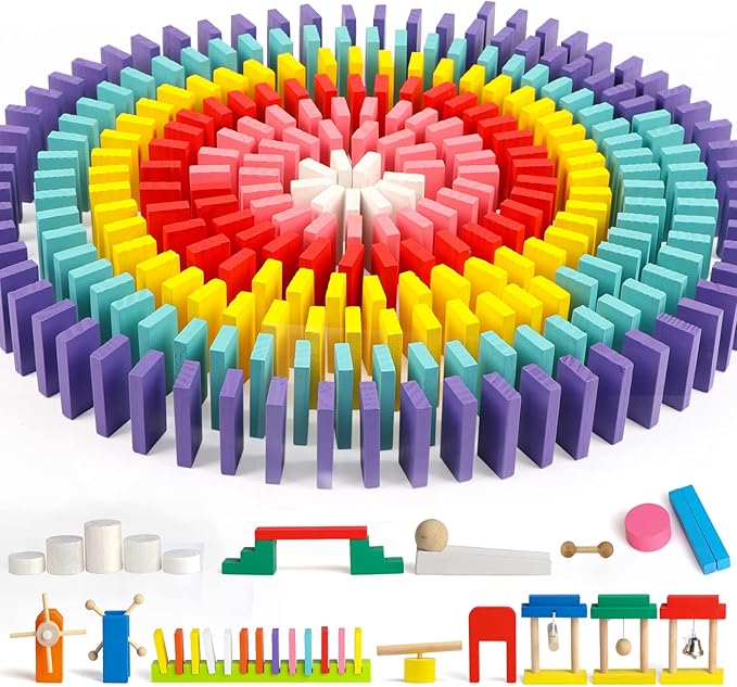 Joqutoys 600 PCS Dominoes Set for Kids, Wooden Domino Building Blocks, 6 Colors Bulk Dominoes Racing Tiles Games with Extra 26 Add-on Blocks and Storage Bag, Educational Toys for Kids Birthday Party