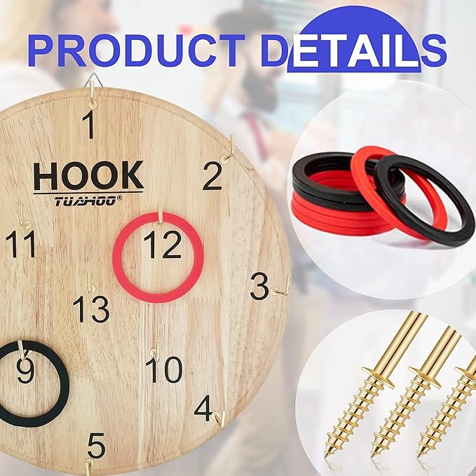 Hook Ring Toss for Kids Adults Indoor Outdoor Family Fun, Wooden Board Darts Wall Game for Game Room, Man Cave, Dorm, Yard Hookey Ring Tossing Games for Home, Party, Office, Backyard