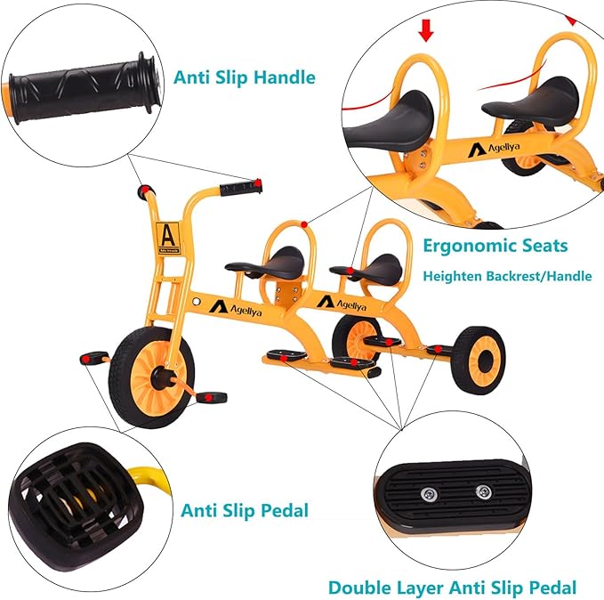 Kids Tricycles for Preschoolers Ages 3+, Ideal Outdoor Playground & Daycare Yard Trike with Passenger Seat, Durable Metal Pedal Tandem Bike, Sturdy Carbon Steel Frame, Solid Rubber Tires
